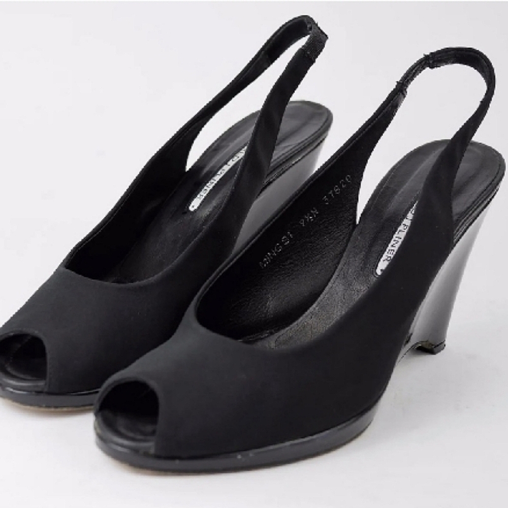 Donald J. Pliner Black Wedge Peep Toe Heel Slingback Shoes - Picture 2 of 5